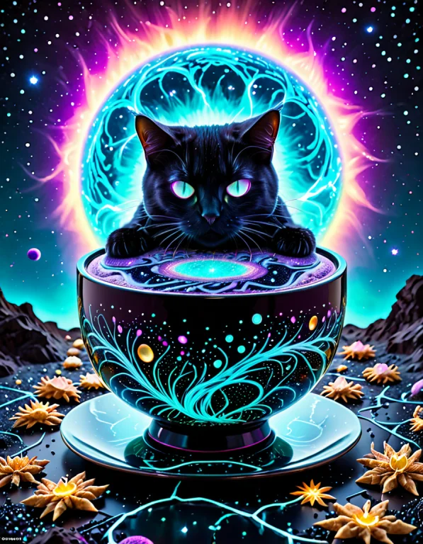 Biolumens Universe, Immense Black Cat Curled Around The Moon...