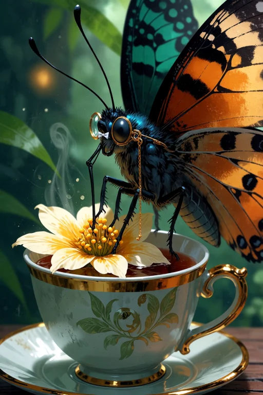 , A Dapper Butterfly In A Tiny Bow Tie And Monocle Sipping N...