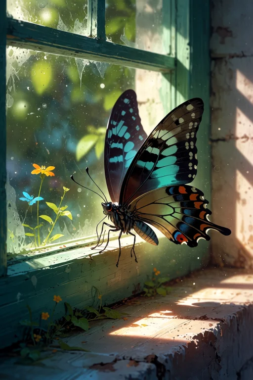 , A Butterfly Landing On A Windowsill With Morning Light Str...