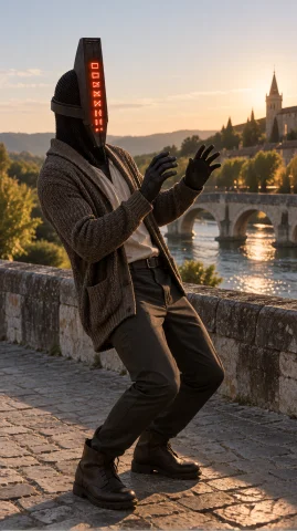 Cybrpnk Masked Humanoid, Three-quarter From Mid-thigh Up, Lo... — Stable Diffusion AI Prompt: cybrpnk masked humanoid, three-quarter from mid-thigh up, low angle, crouched wi...