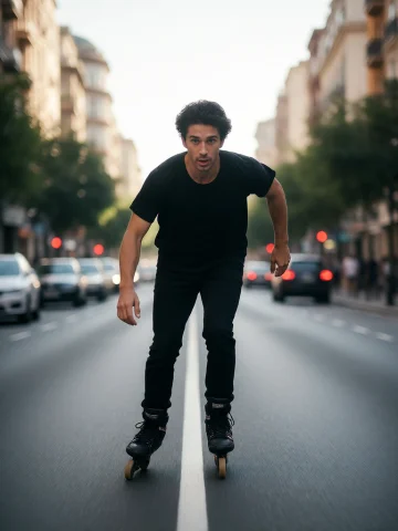 Fotografia Cinematografica De Un Hombre Sobre Patines En Lin... — Stable Diffusion AI Prompt: Fotografia cinematografica de un hombre sobre patines en linea dirigiendose haci...