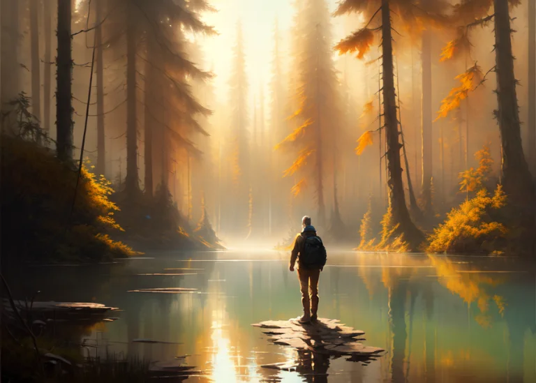 Oil Painting Of A Hiker Standing By A Stunning Lake, Bright...