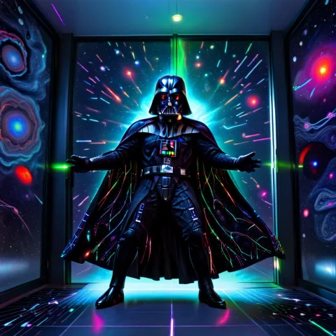 Biolumens Universe, Darth Vader Stuck Halfway Through Automa... — SDXL AI Prompt: biolumens universe, darth vader stuck halfway through automatic sliding doors, h...
