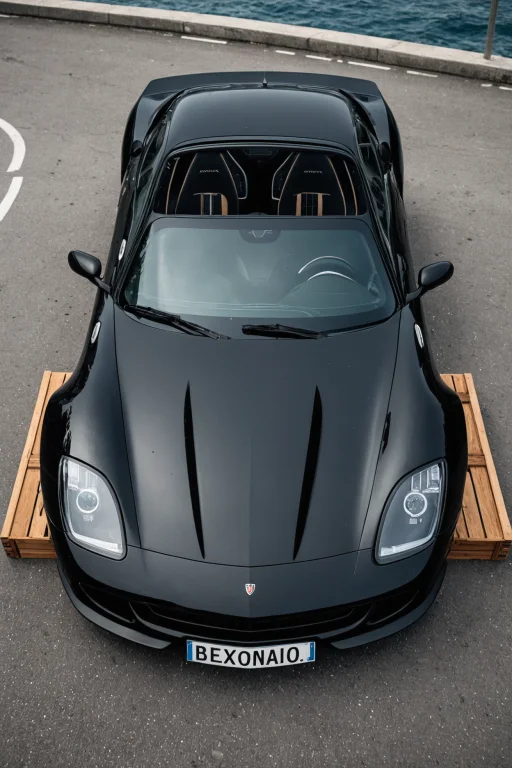 A Black Sports Car Parked In A Parking Lot Next To The Ocean...