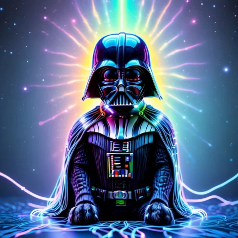 Biolumens Universe, Darth Vader Standing Proudly While A Cut... — SDXL AI Prompt: biolumens universe, darth vader standing proudly while a cute cat sits on top of...