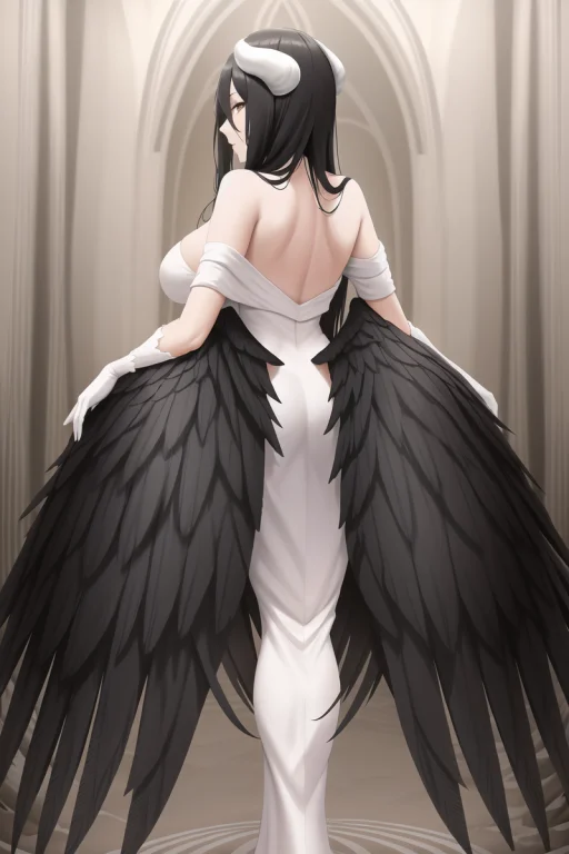 Full Body, Woman, White Horns, Black Wings, Black Hair, Back...