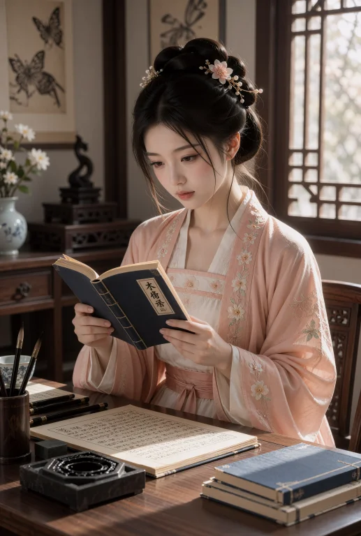 明亮书房内，一名28岁中国女子坐在木案后阅读一本小型线装书，身...