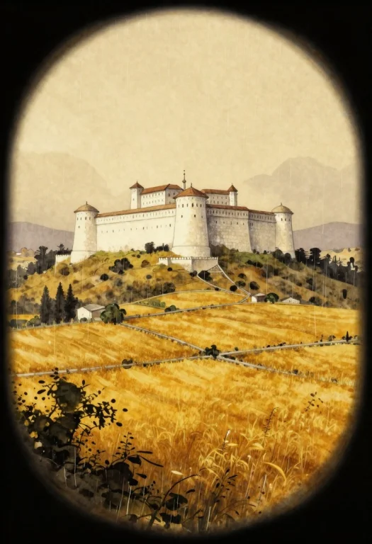 A Citadel Of White Stone Above Golden Fields, Ink Wash Paint...