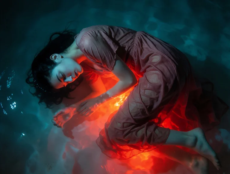 Woman Floating Curled In Dark Teal Water, Wet Clinging Dusty...