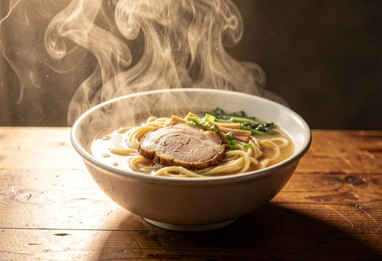 A Bowl Of Ramen Steaming Under Warm Light, Misty Light, Nost...