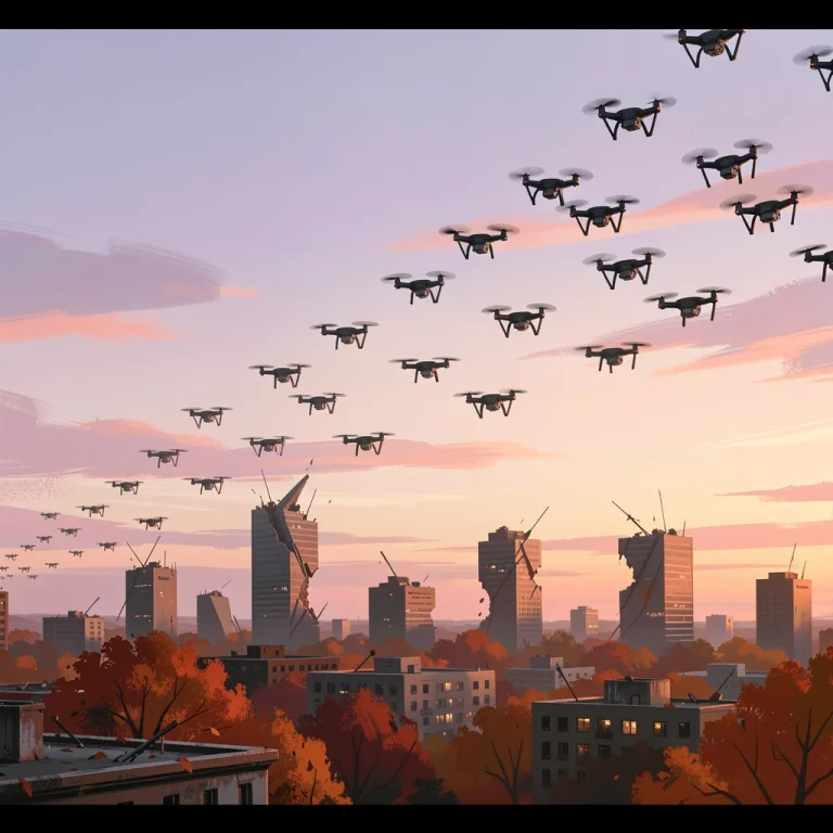 A Drone Swarm Crossing A Shattered Skyline, Expressive Brush...