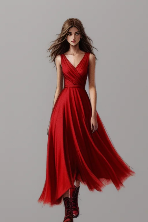 Sketch Of A Girl, Long Brown Wavy Hair, Wearing A Red Dress,...