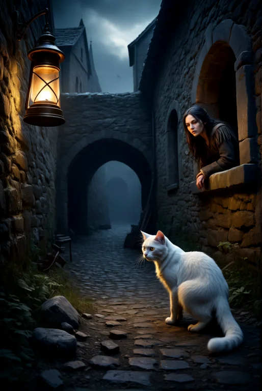 Medieval Style. A White Cat Skulking Through An Alley. High...