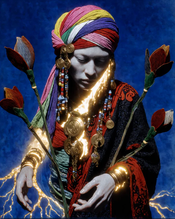 A Woman With Pale Skin Stands Centered Against A Solid Deep...