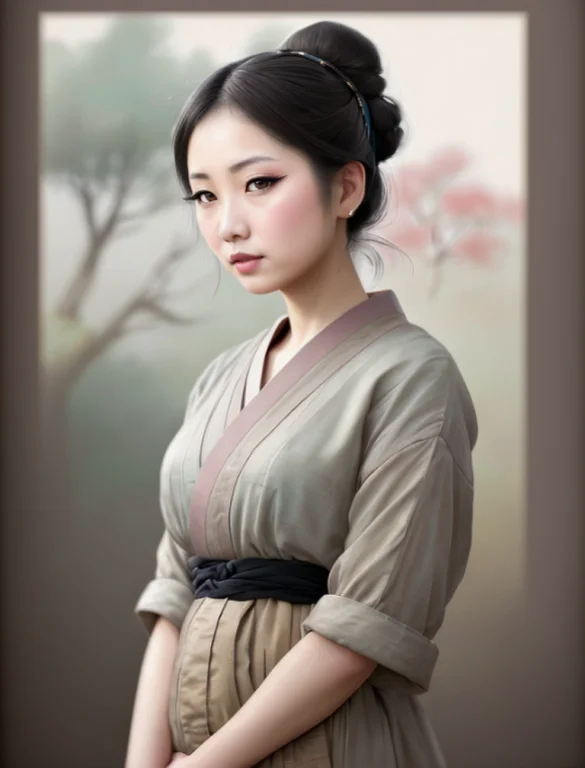 Carton, An Asian Woman, Pale, Perfect Makeup, Bun Hair, Japa...