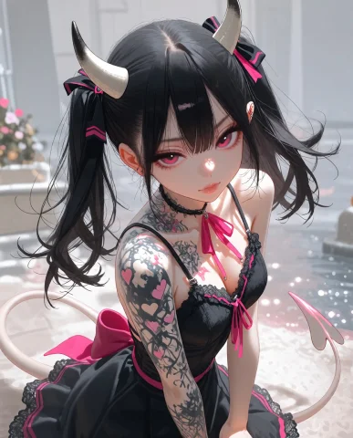 Image Illustration Capturing A Young Woman With Long Black H... — Stable Diffusion AI Prompt: Image illustration capturing a young woman with long black hair styled into twin...