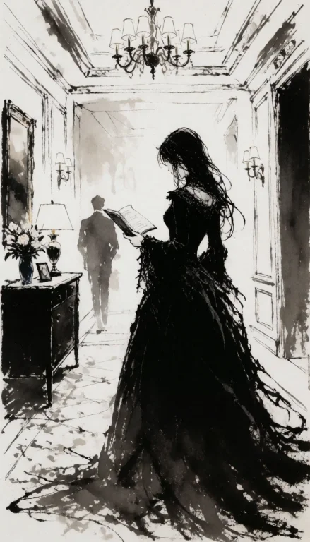 Black-and-white Chinese Ink Wash Painting Woman In Gothic Dr...