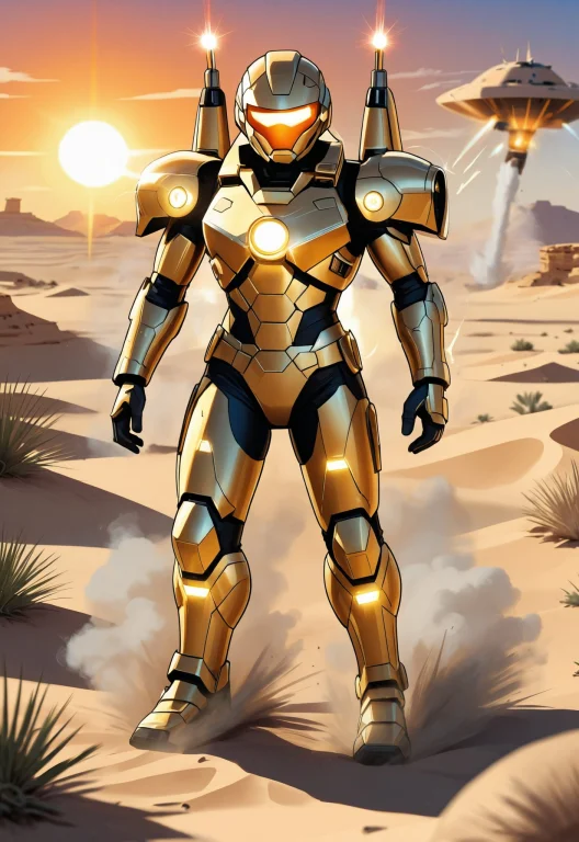 Iron Man Launching Into Flight From A Desert Base, Full Red...
