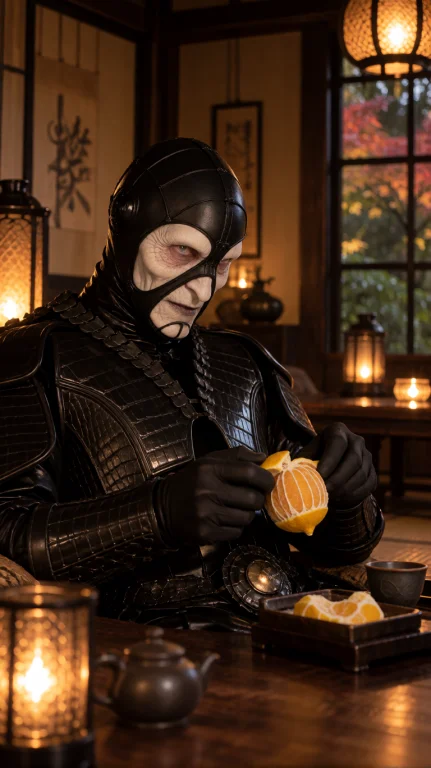 Scrps Alien Man, Chest-up, Eye-level, Seated Peeling Citrus,...