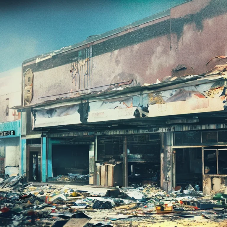 A Burned Out Grocery Store Surrounded By Piles Of Trash Apoc...