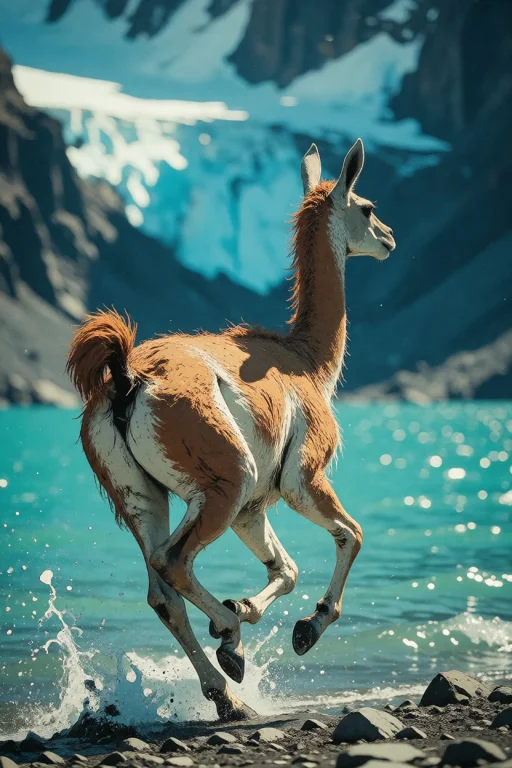 Nature, A Guanaco Galloping Along A Lakeshore In Chilean Pat...