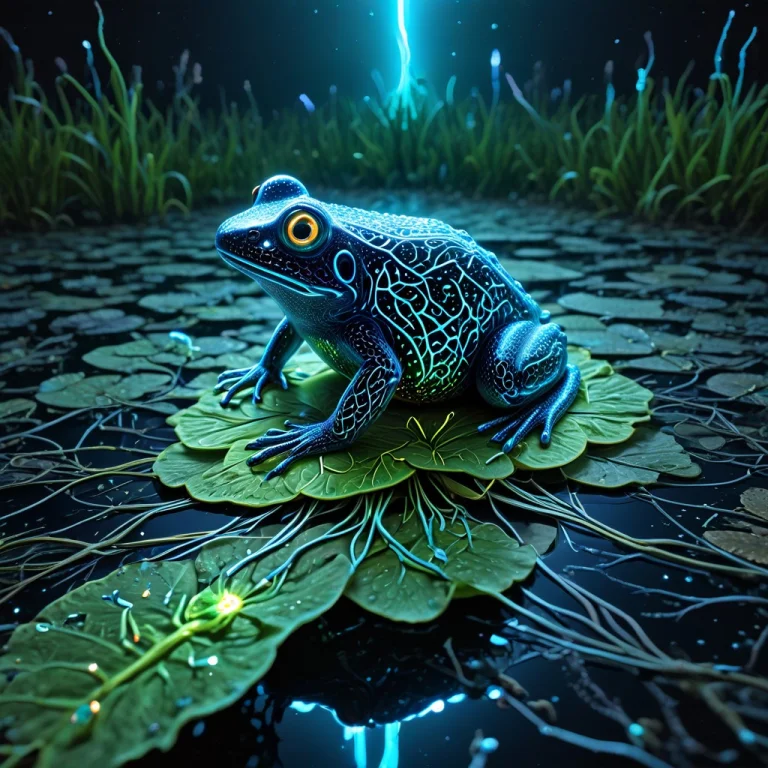 A Cute Bioluminescent Frog On A Lilypad, In A Dark Swamp, Al...