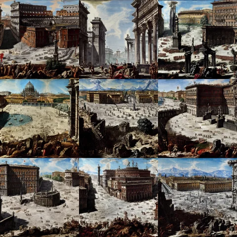 Ilsgiovannibattistapiranesi The Fall Of Rome — Stable Diffusion AI Prompt: (ILSGiovanniBattistaPiranesi) the fall of rome