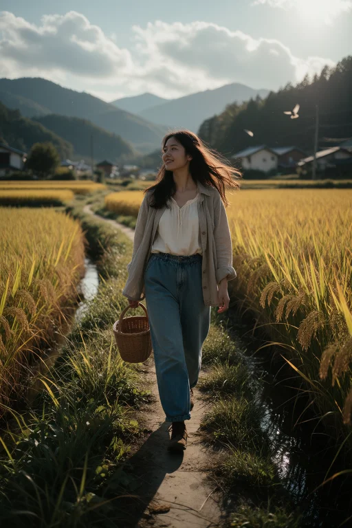 A Beautiful Young Woman Walking Alone Along A Narrow Country...
