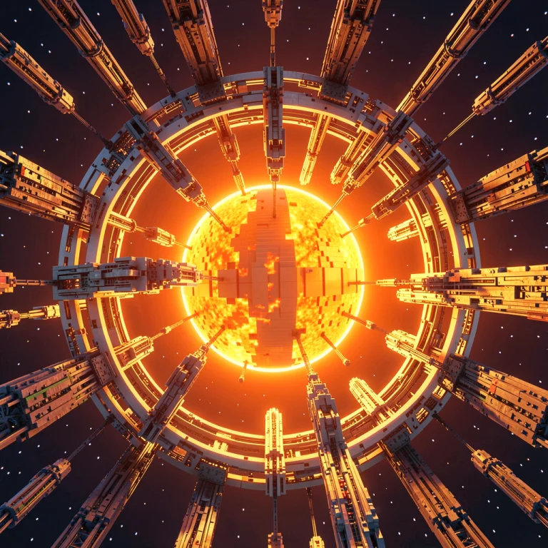 A Dyson Swarm Half-built Around A Distant Sun, Voxel Art, Ph...
