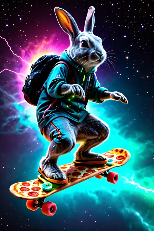A Cinematic Action Sceen Of A Rabbit Riding A Skateboard Whi...