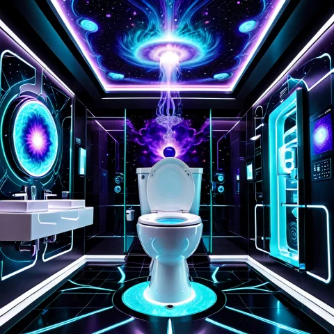 A Majestic, Pristine White Porcelain Toilet Centered In A Hi... — SDXL AI Prompt: A majestic, pristine white porcelain toilet centered in a high-tech cyberpunk co...