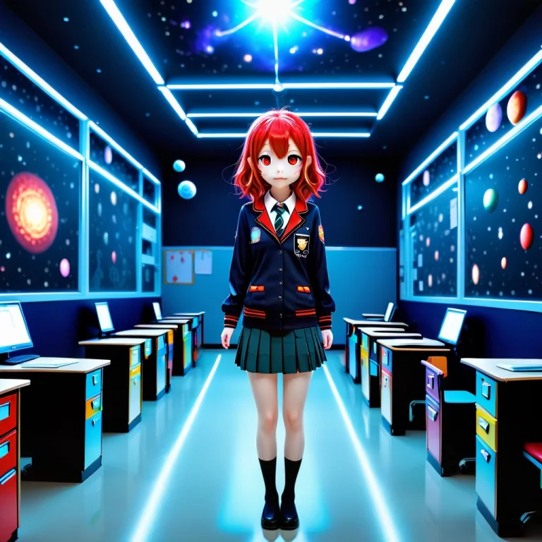A 3d Chibi Anime Red Hair Cat Girl Wear Cosmos Universe Scho...