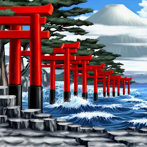 Sfpx Style, A Rocky Sea Cliff With A Red Torii Gate, Blue Wa... — SDXL AI Prompt: sfpx style, a rocky sea cliff with a red torii gate, blue water, pine trees and...