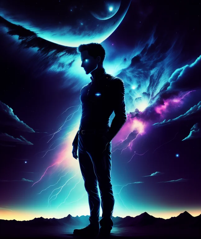 A Man Looking At The Camera, Nebula Sky Moon In The Backgrou...