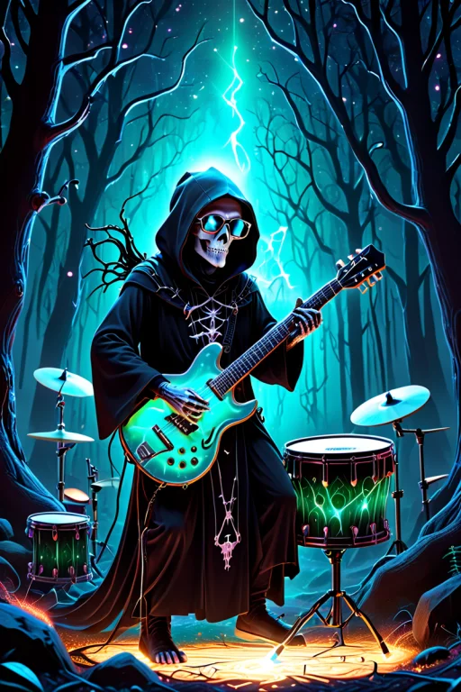 A Cute Grim Reaper Wearing Glasses With Big Drums In A Magic...