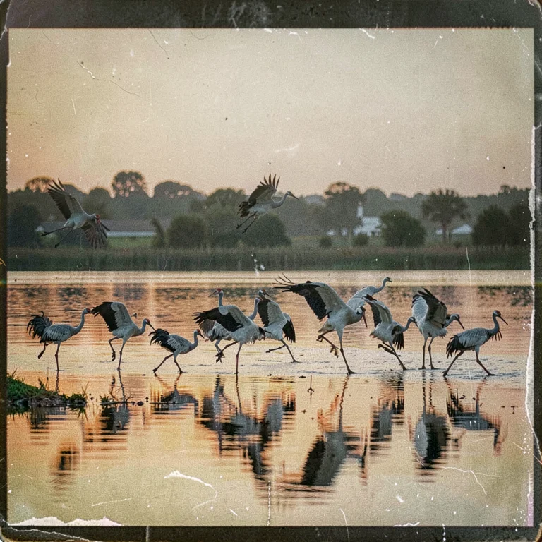 A Flock Of Cranes Lifting Off A Still Lake, Grainy Film Text...