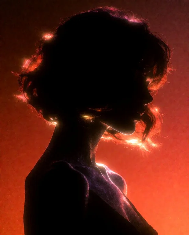 Dark Silhouette Of A Beautiful Woman In Profile, Short Bob H...