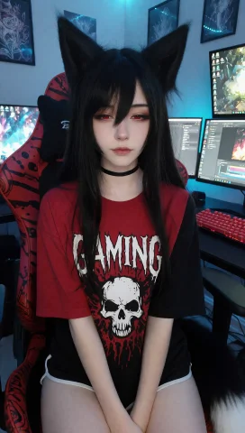 A Young Woman With Long Black Hair, Bangs Covering Her Foreh... — Stable Diffusion AI Prompt: A young woman with long black hair, bangs covering her forehead, and large fox e...