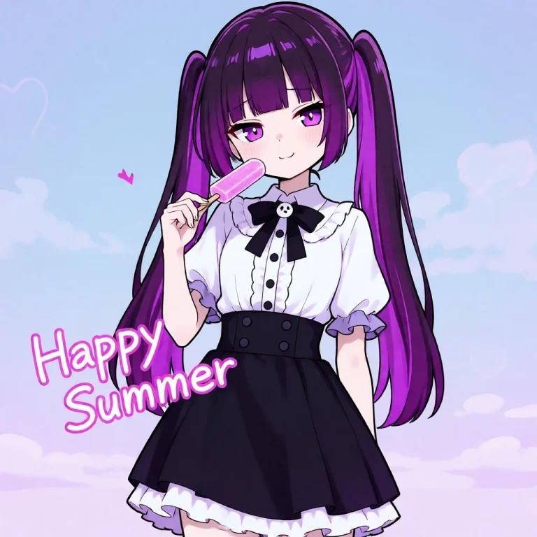 A Girl With Two Purple Ponytails, White Shirt, Black Skirt,...