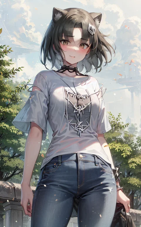 1girl,mhead,t-shirt,jeans,cowboy Shot,