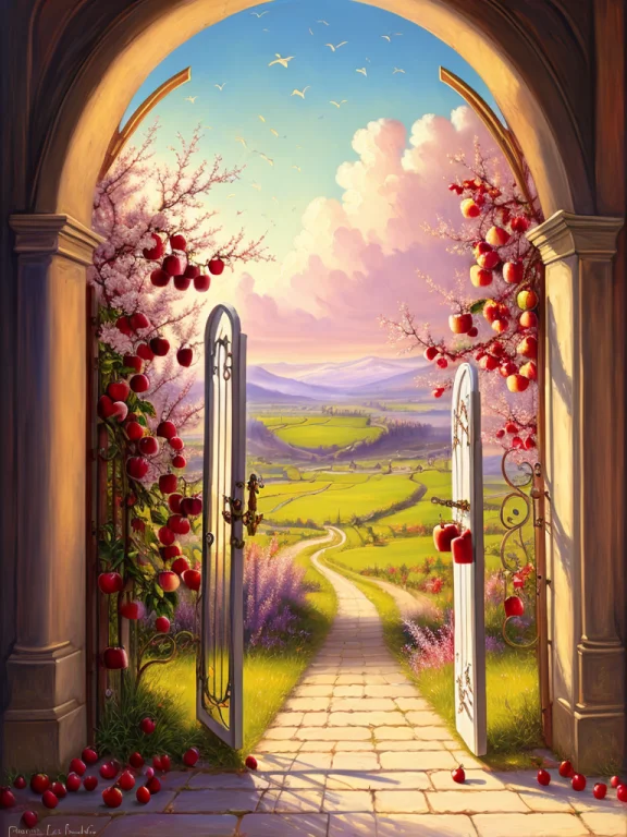 Heaven Fantasy Painting, Big Pearly Gate In Heaven, Apples,...