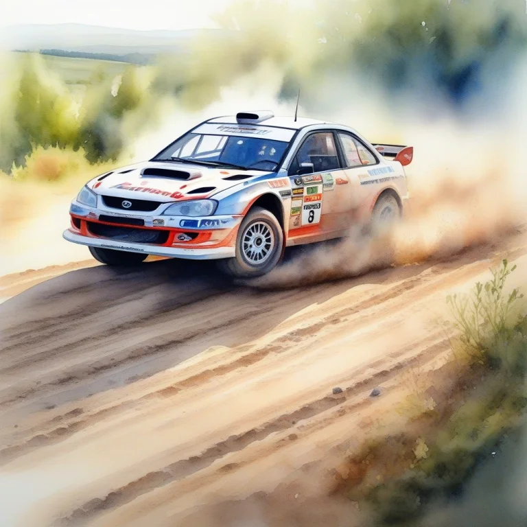 A Rally Car Mid-drift On A Gravel Road, Watercolor Painting,...