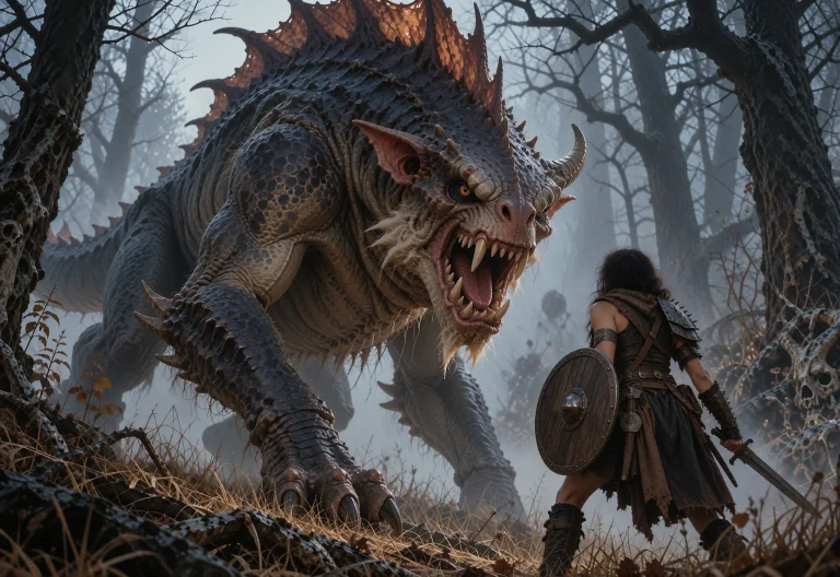 A Dark Fantasy Oil Painting Depicting A Tense Standoff Betwe...