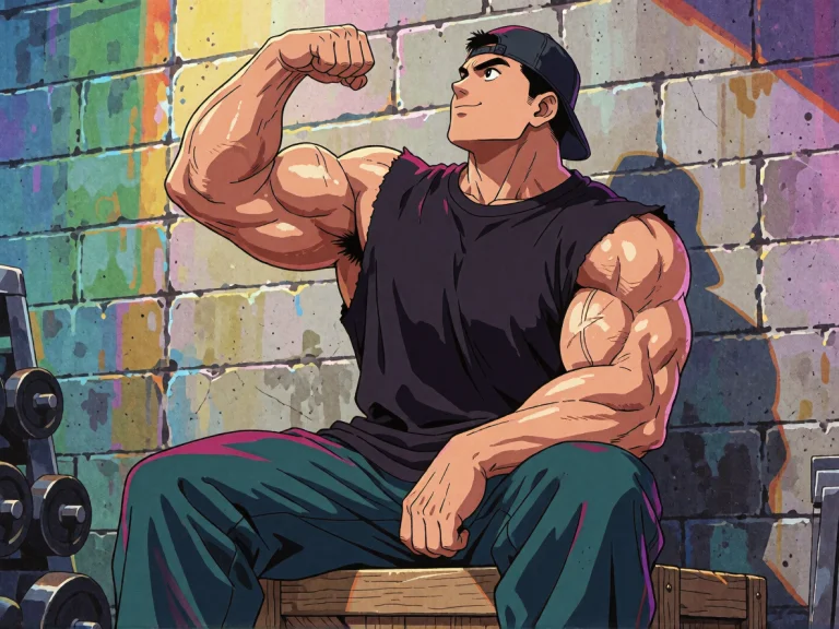 A 90s Anime Aesthetic Illustration Of A Highly Muscular 28-y...