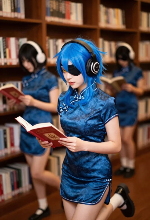 Multiple Girls, Blue Hair, Messy Hair, Amber Eyes, Cheongsam...