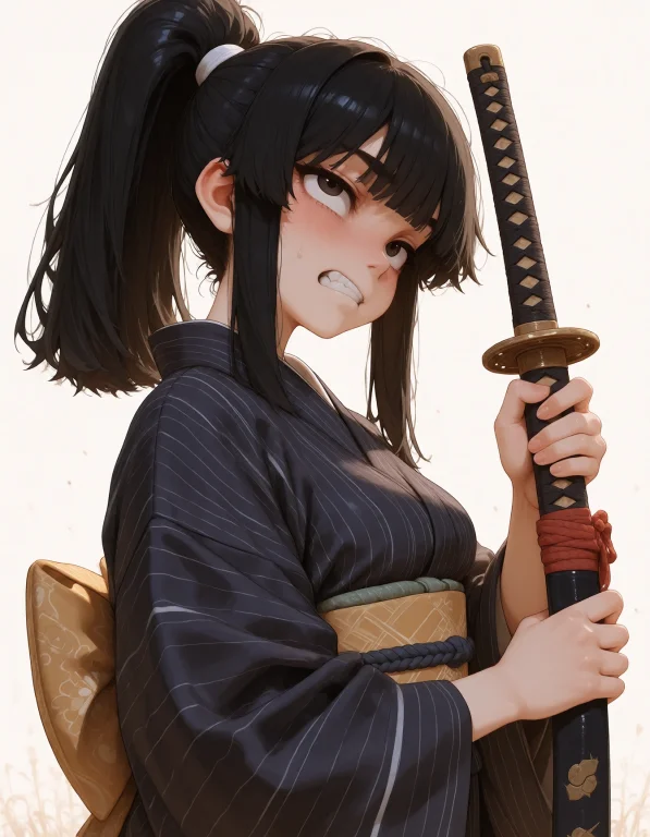 An Image In Df5tyle Style Of Kuro Wearing A Kimono And Holdi...