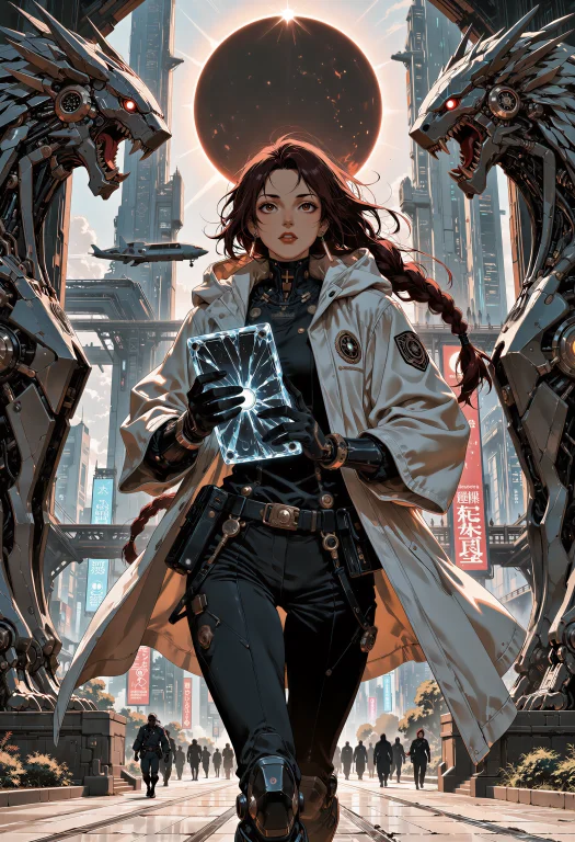 Cinematic Sci-fi Anime Illustration, Low-angle Thigh-up Comp...