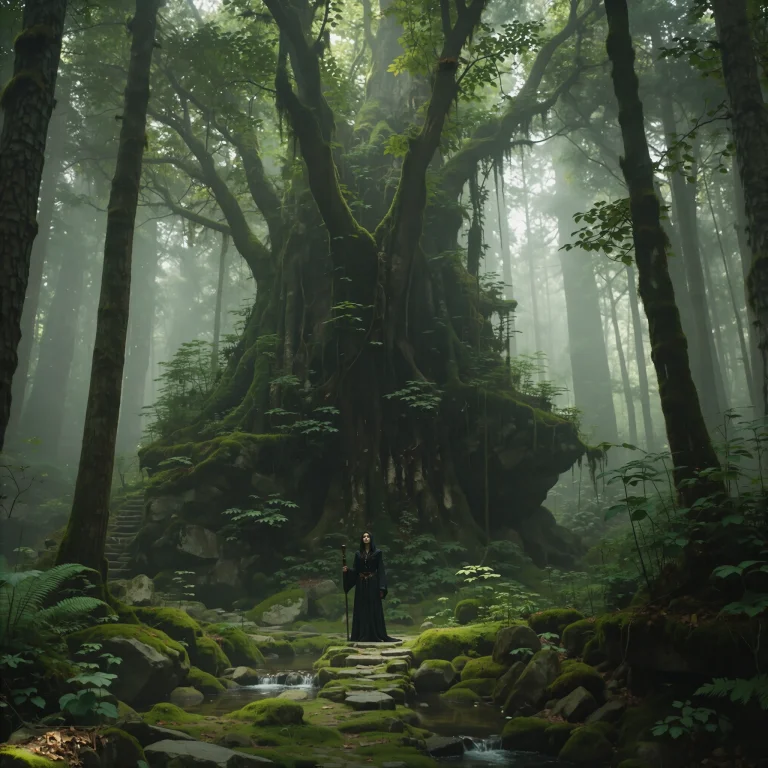 , A Misty, Ancient Forest With Towering Moss-covered Trees A...
