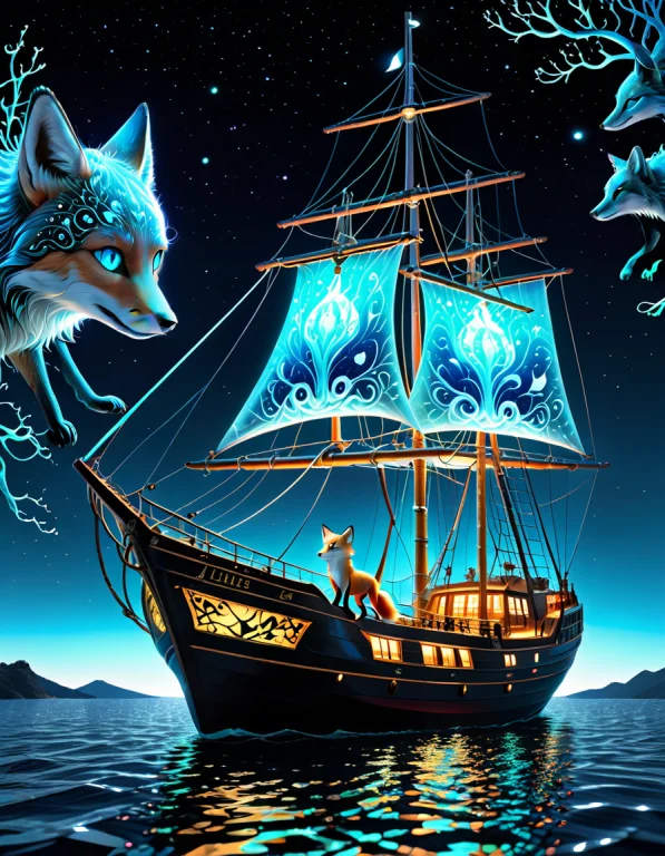A Fox Navigating A Sailing Ship Made Of Organic Bioluminesce...