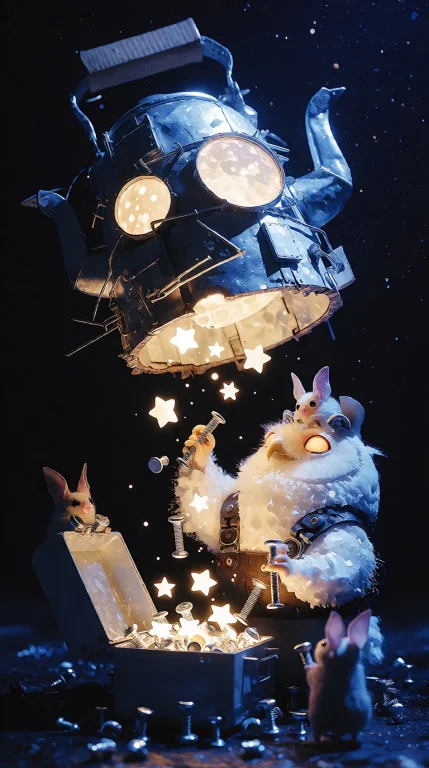 A Tiny Owl Mechanic Repairs A Broken Moon Using A Toolbox Fu...